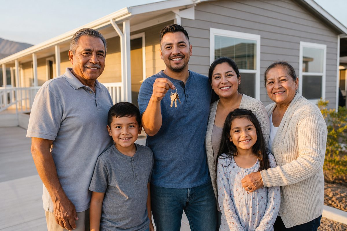 Family in front of their manufactured home